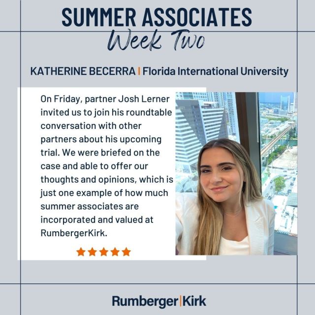 Week two for our summer associates was packed with assignments, a deposition seminar and workshop and many unique opportunities to learn and grow. Learn more by checking out the Summer Associate Blog: rumberger.com/summer-associate/blog/ or click on link in profile.

#RKSummerAssociates #SummerAssociates @miamilawschool @fsucollegeoflaw @fiu_law @stetsonlawschool @alabamalaw