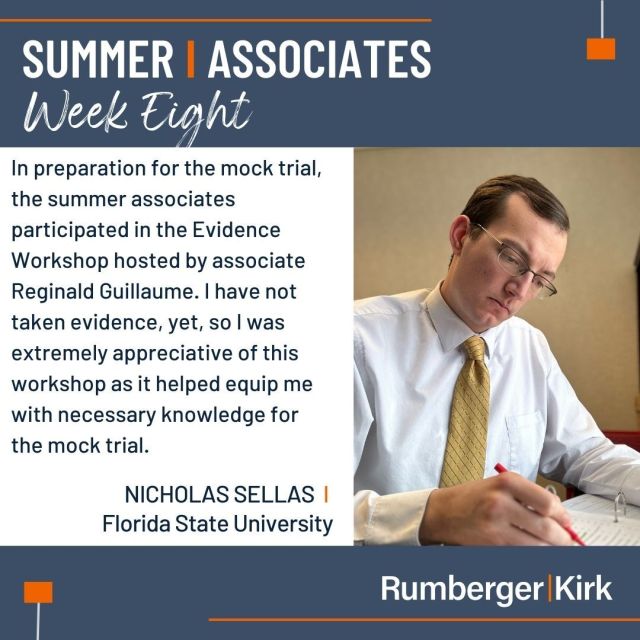 While our summer associates prepare all summer for the mock trial, things really heated up in week 8. Follow their adventures and preparations at Rumberger.com/summer-associate/blog/ or click on the link in profile. 

#RKSummerAssociates #SummerAssociates #FutureLawyers #LawStudents @miamilawschool @fsucollegeoflaw @fiu_law @stetsonlawschool @alabamalaw