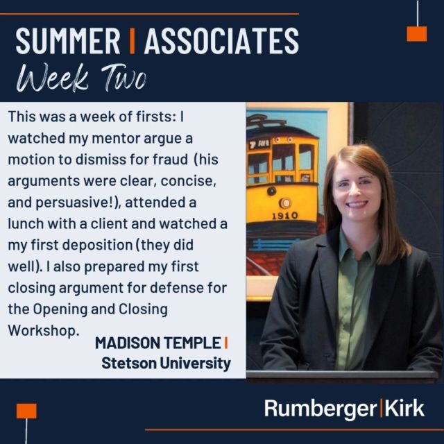During week 2, our summer associates crafted opening statements and closing arguments, while continuing to work on other assignments. Learn all about it by following the RumbergerKirk Summer Associate Blog at rumberger.com/summer-associate/blog or click on link in bio. 
@UFLaw, @fiulaw, @stetsonlawschool, @fiu_law #RKSummerAssociates