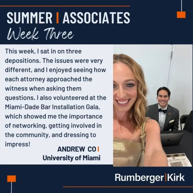 This week the summer associates attended a Motion Writing Seminar and an Evidence Workshop, but that's just a small part of what they did. Read what they have to say about it on the RumbergerKirk Summer Associate blog at rumberger.com/summer-associate/blog/ or click on link in bio. 
@uflaw, @miamilawschool, @alabamalaw
#SummerAssociateProgram #RumbergerKirk #RKSummerAssociates