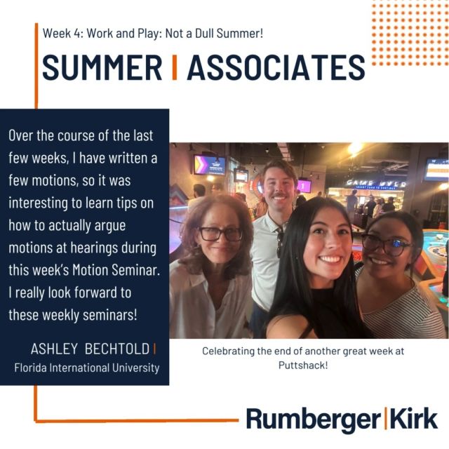 Week 4 for the summer associates was packed with assignments, presentations (including one from Bud Kirk, one of our founding partners), and yes, a lot of gatherings. Follow along and check out the RumbergerKirk Summer Associate Blog at rumberger.com/summer-associate/blog/ or click on link in bio. 
#RKSummerAssociates #SummerAssociates @stetsonlawschool, @uflaw, @fiu_law