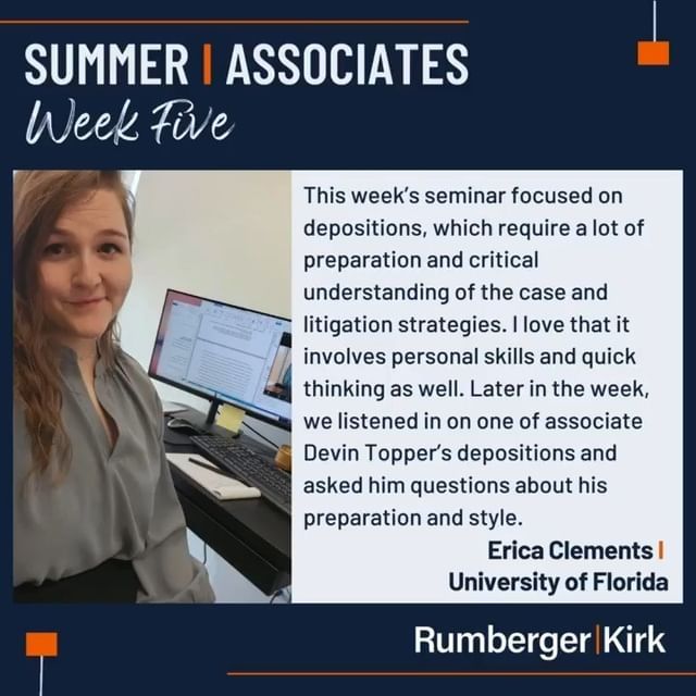Our summer associates have reached the midpoint of the program. They talk all about what they are learning and their assignments in the RumbergerKirk 
Summer Associate Blog. Follow along at rumberger.com/summer-associate/blog/ 
@uflaw, @miamilawschool, @alabamalaw

#RKSummerAssociates #SummerAssociateProgram #RumbergerKirk