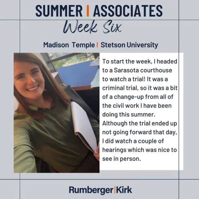 Things are really heating up this summer for our Summer Associate class of 2024! Check out week six at Rumberger.com/summer-associate/blog, or click on link in bio. #RKSummerAssociates #SummerAssociates