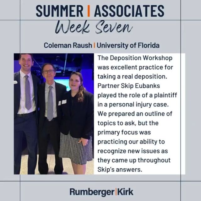 It was a busy week for our summer associates. They participated in a deposition workshop where they had to think on their feet, a motion practice workshop where they argued their Daubert motions from the writing competition, and a seminar focused on direct and cross examinations. They also had assignments and received their mock trial partners and roles. Read about it at Rumberger.com/summer-associate/blog/ or click on link in bio. @alabamalaw, @miamilaw, @uflaw
#RKSummerAssociates #SummerAssociates #RumbergerKirk