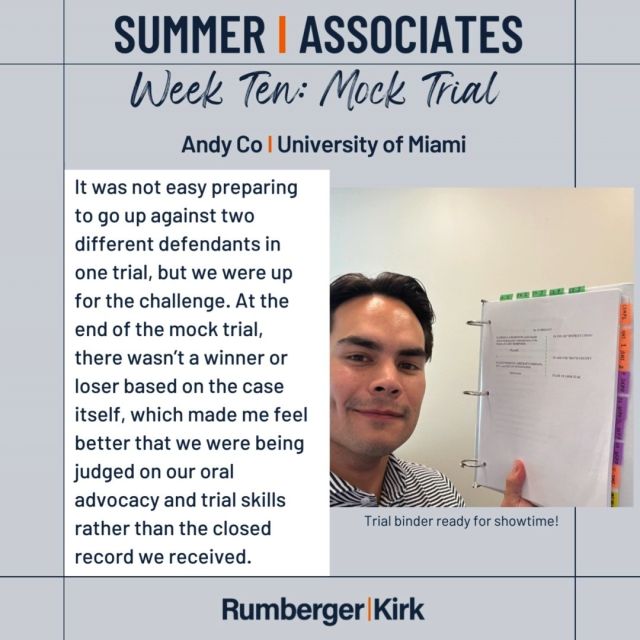 Today we say farewell to our six phenomenal summer associates: Ashley, Erica, Andy, Coleman, Paige and Madison! Kudos to Madison for winning "Best Advocate" during the mock trial this week, to Erica for winning the Writing Competition and to you both for being "Best Team!" 

We will miss you all and are so proud of everything you learned during your 10 weeks with us. 
@uflaw, @stetsonlawschool, @miamilawschool, fiu_law, @alabamalaw
#RKSummerAssociates #RumbergerKirk #SummerAssociates